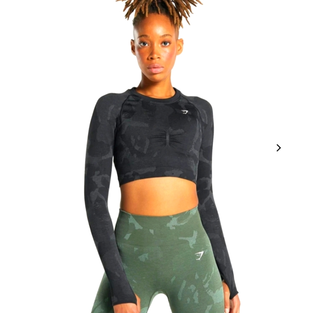 GYMSHARK Camo seamless long sleeve crop top black Small